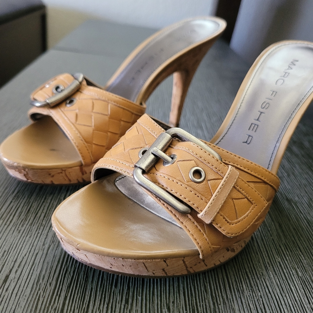 Marc Fisher | Leather Tan High Heel Cork Shoes W/ Buckle Macys - Picture 8 of 17